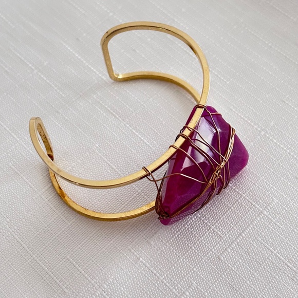 Wire Wrapped Pink Agate Stone Cuff Bracelet Gold Tone Bracelet - Picture 3 of 9